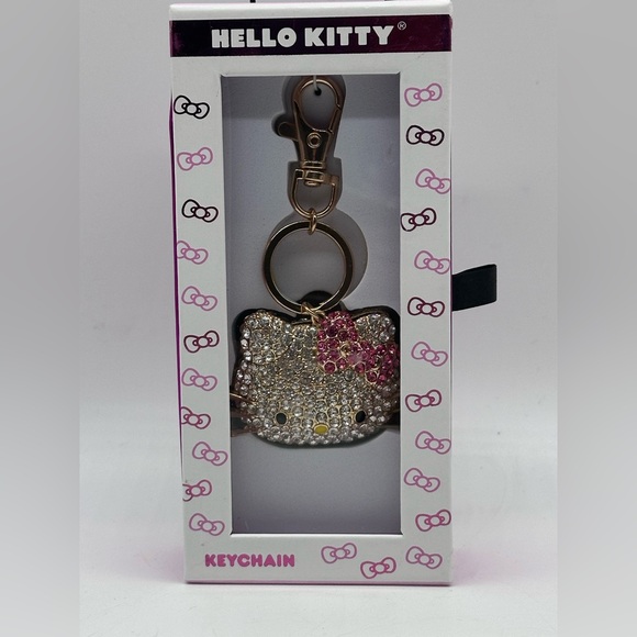 Hello Kitty Rhinestones Keychain Bag Charm Iconic Sanrio Face with Pink Bow - Picture 1 of 5
